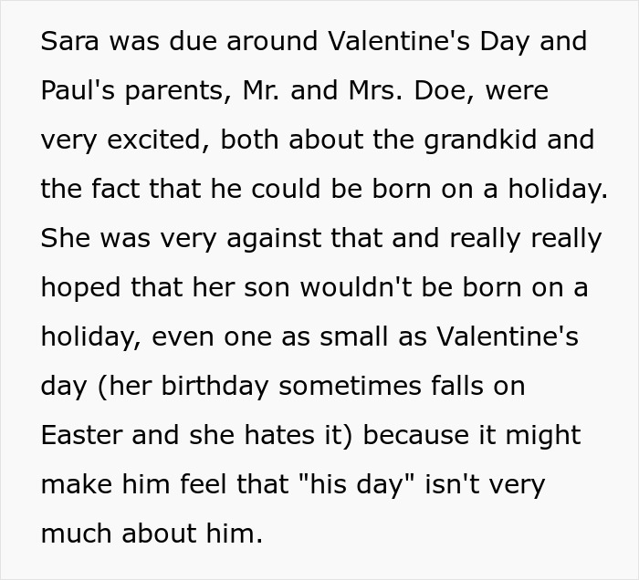 Text paragraph explaining family tensions around a baby potentially born on Valentine's Day holiday. - 7