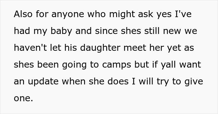 Text message explaining a baby update and delayed meeting between daughter and pregnant fianc&eacute;e due to camps.