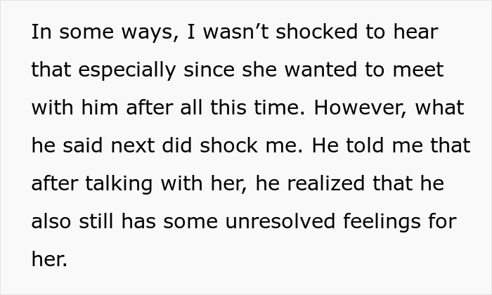 Text excerpt about hubby&rsquo;s emotional reunion with his ex revealing lingering feelings causing red flags for wife.