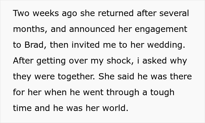 Text excerpt describing a woman&rsquo;s surprise engagement after urging a friend to cut off a guy due to conflict.