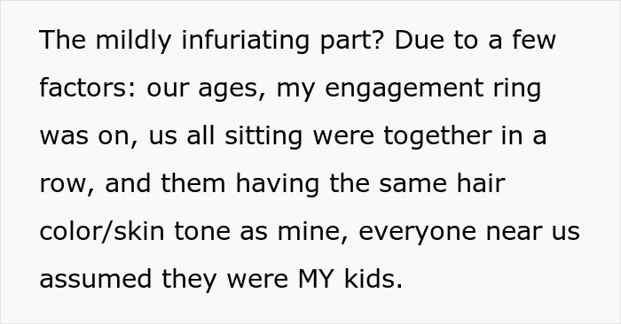 Text explaining confusion over rowdy kids on a flight blamed on woman due to seating and similar appearance. - 8