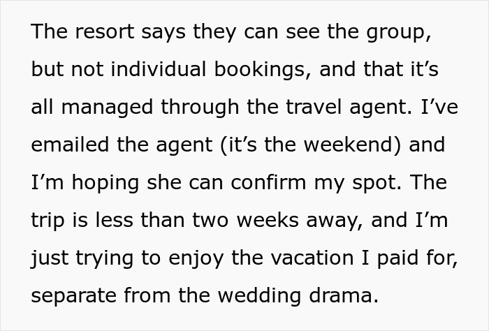 Text excerpt about resort bookings and wedding drama, focusing on bride, guest, and resort room conflict. - 7