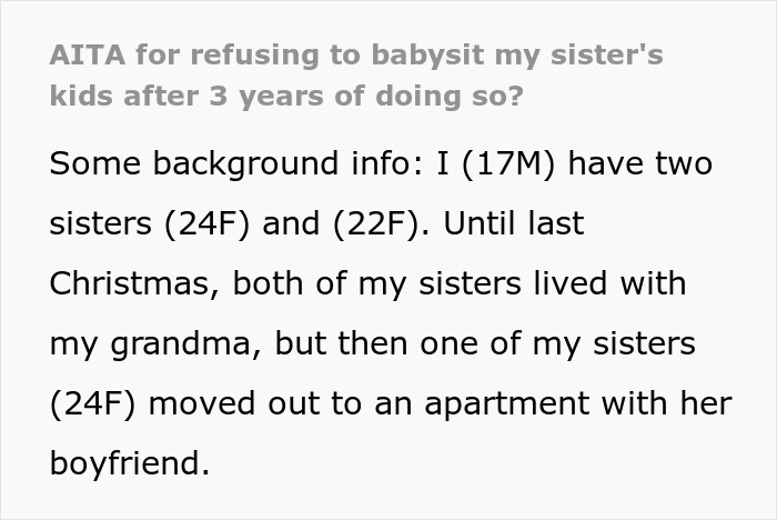 Alt text: Teen refuses to babysit sister’s kids after years without payment or respect, setting boundaries at age 17. - 2