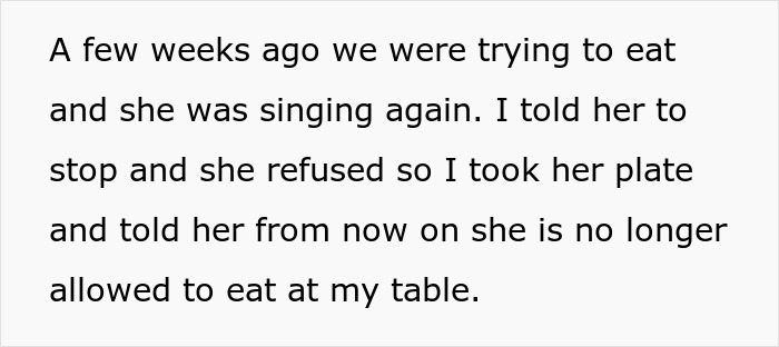 Text excerpt about a stepmom banning teen from family dinners due to singing, highlighting family conflict. Text excerpt about a stepmom banning teen from family dinners due to singing, highlighting family conflict.