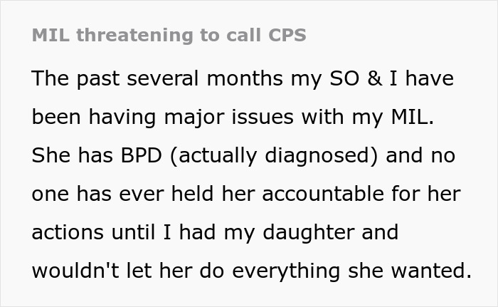 Screenshot of a text post about a woman facing CPS threats from her mother-in-law due to ongoing family conflicts. Screenshot of a text post about a woman facing CPS threats from her mother-in-law due to ongoing family conflicts.