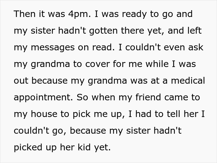 Text excerpt about a 17-year-old refusing to babysit sister’s kids without payment or respect after being left waiting. - 20