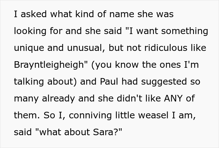 Text excerpt about convincing his wife's baby name, highlighting revenge on sister's bad ex with clever naming strategy. - 29