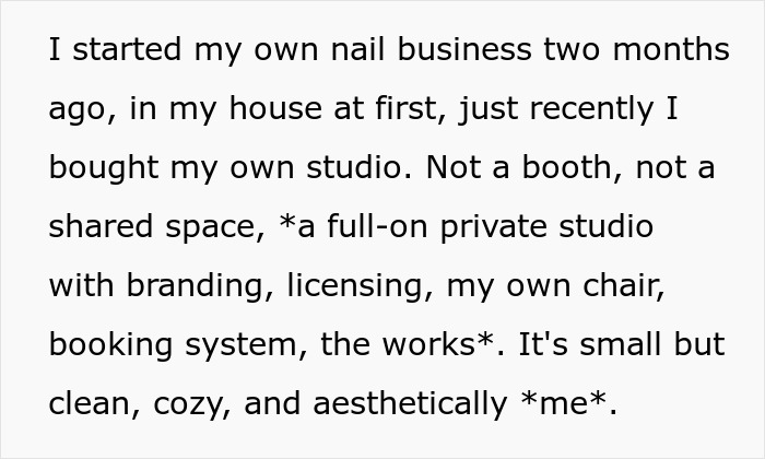 Text describing a woman starting her own nail business with a private studio, highlighting branding and booking system.