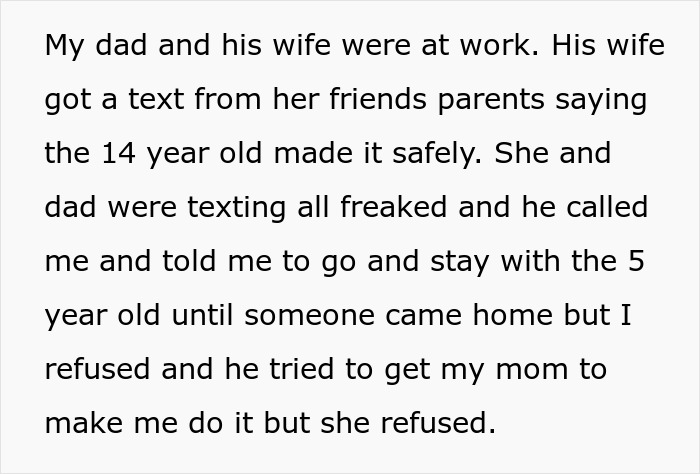 Text describing a teen refusing to babysit a 5-year-old alone during an emergency, leaving the child unattended for hours. - 7