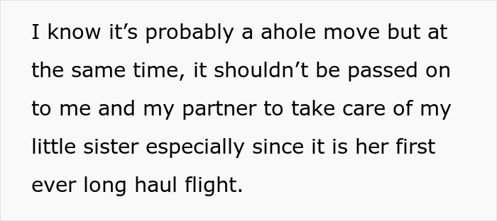 Text discussing a woman sneakily swapping seats to avoid babysitting her little sister during a trip paid for by her dad.