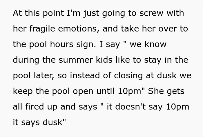 Text describing a confrontation with an obnoxious Karen demanding to use the hotel pool after it has been closed at dusk. - 8
