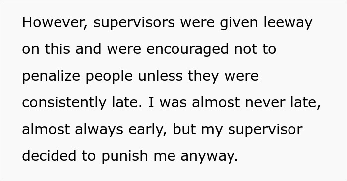 Text excerpt discussing supervisors' penalty policies for being late and inconsistent enforcement of penalties.