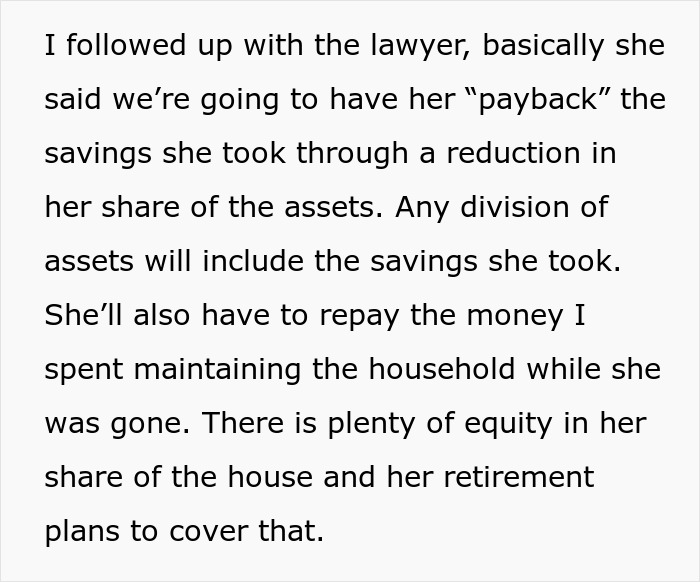 Text excerpt discussing legal follow-up about asset division and repayment related to a woman leaving to find herself.