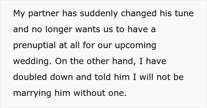 Text screenshot showing a discussion about a partner demanding a prenup and changing his mind after a 7-figure insurance policy.
