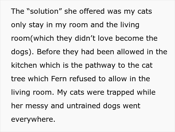 Text about a roommate clash over cats and dogs, showing pets confined and issues with untrained dogs in shared spaces. Text about a roommate clash over cats and dogs, showing pets confined and issues with untrained dogs in shared spaces.