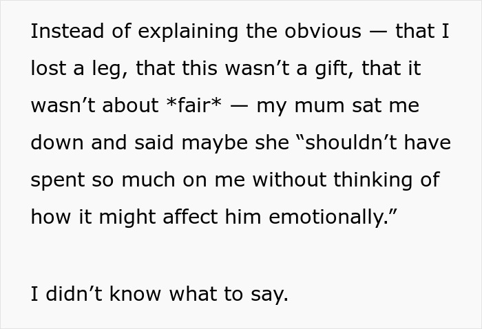 Text excerpt discussing a girl who survives cancer and the emotional impact of accepting a prosthetic leg on her brother.