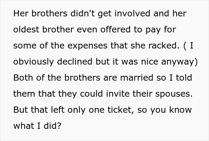 Text excerpt about siblings and expenses, illustrating gold-digger holiday friend drama involving offers to pay and limited invitations. - 10