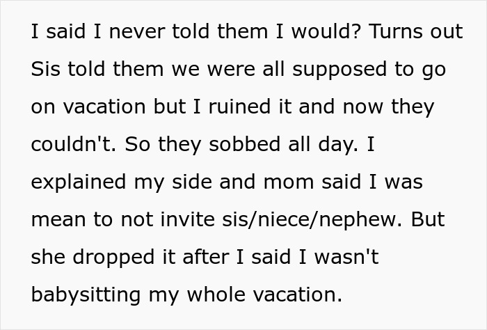 Text conversation about vacation rift as woman chooses friend over sister and niblings, causing family tension on the trip. - 14