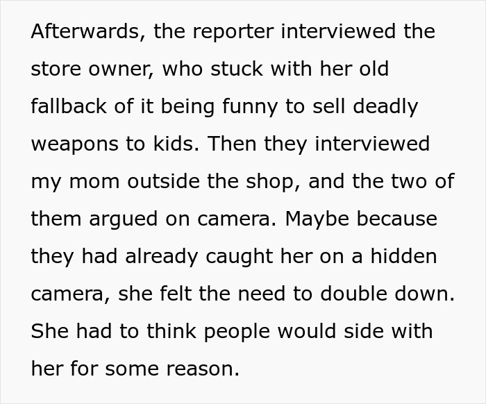 Reporter interviews gaming store owner about selling swords to kids while mom argues outside after hidden camera reveal. - 21
