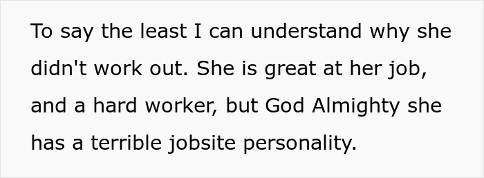 Text excerpt about a person&rsquo;s jobsite personality related to not telling a friend she was getting fired.