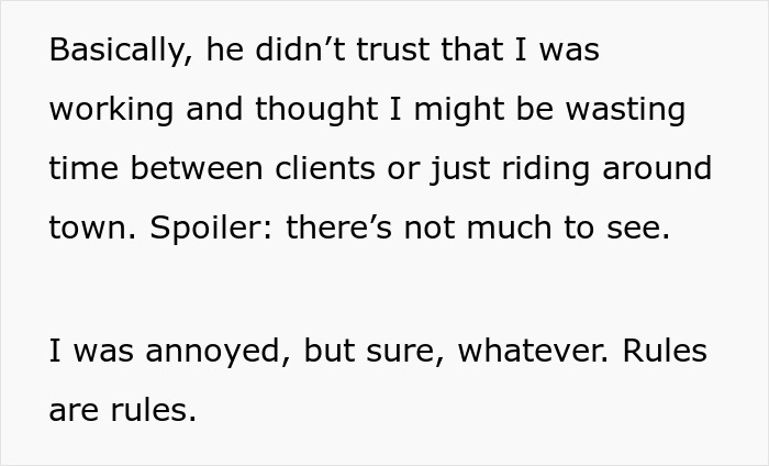 Text about boss telling guy to message after every client and the guy feeling annoyed but following rules anyway. - 8