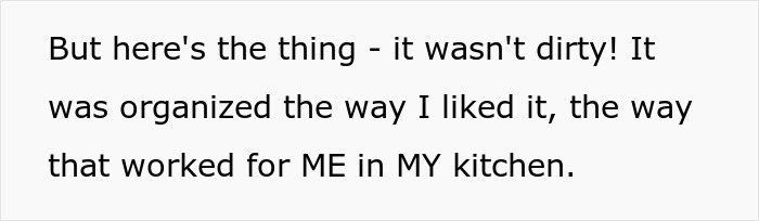 Text on a white background stating a disagreement about kitchen organization, highlighting a conflict between DIL and MIL.