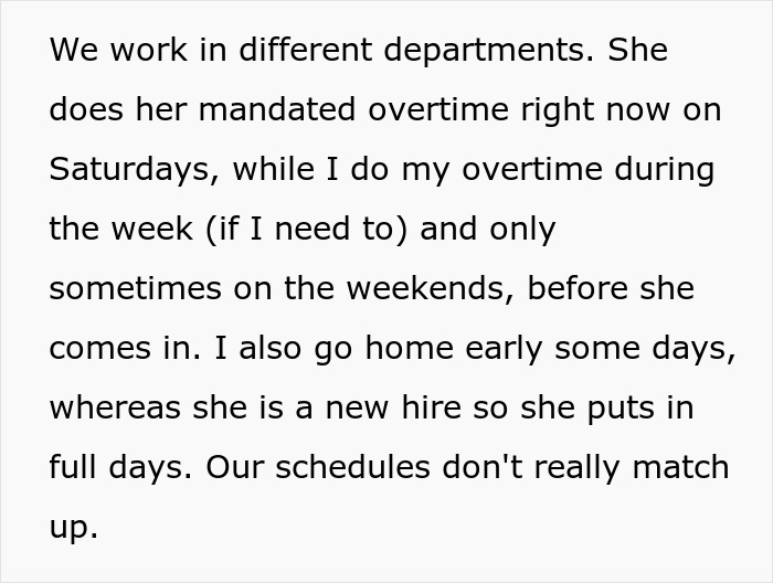Text on screen showing work schedule details highlighting different overtime days and mismatched work hours with coworker.