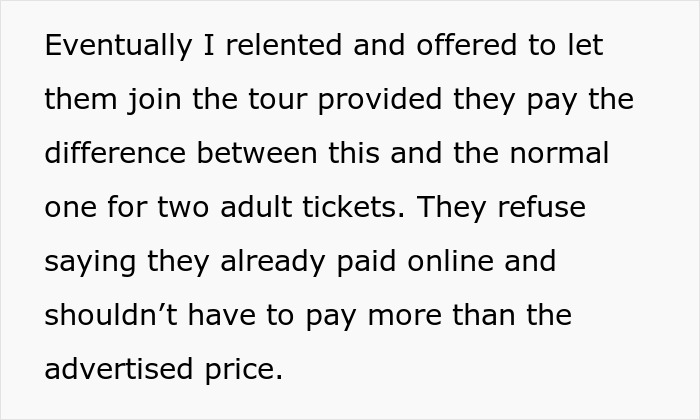 Text excerpt about a tour company bombarded with bad reviews after turning away a childfree couple from a family tour. - 14