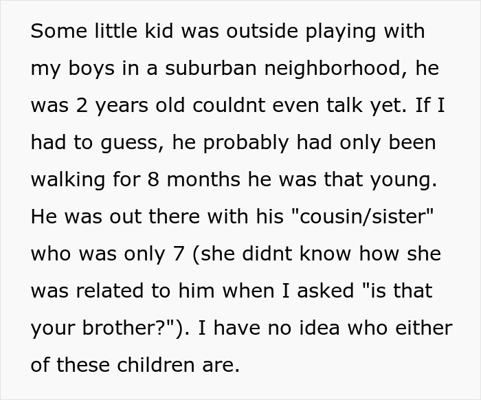 Text excerpt describing a 2-year-old wandering the streets alone with a neighbor&rsquo;s child in a suburban neighborhood.