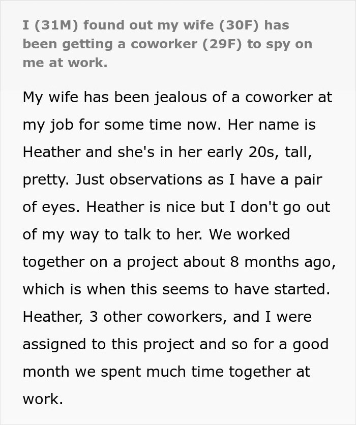 Jealous wife spying on husband at work by using a coworker to monitor his activities during a project.