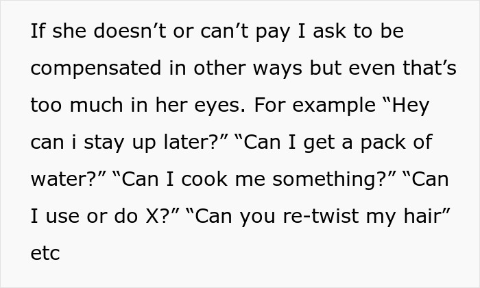 Text excerpt discussing teen asking to be paid for babysitting and negotiating compensation from furious mom.