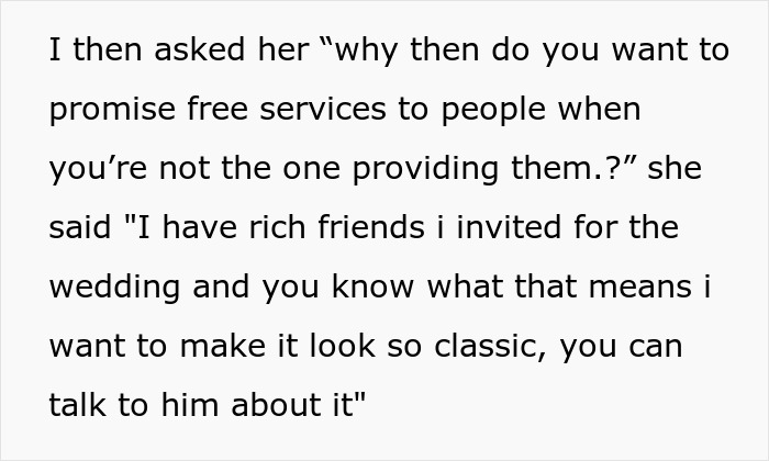 Text excerpt about sister shutting down bride’s demands involving husband’s car service business, discussing free services. - 10