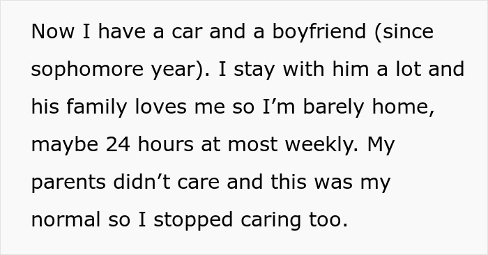 Text describing a daughter feeling neglected as parents play favorites, leading to her moving out after graduation.