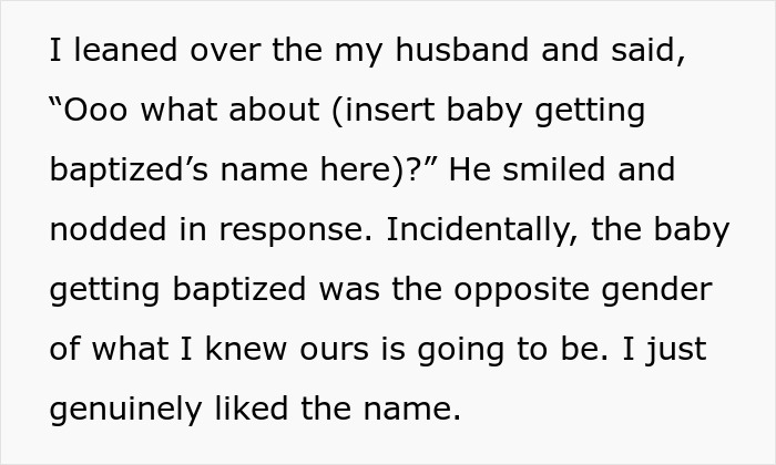 Text excerpt about husband and wife discussing baby baptism name, hinting at gender reveal and possible spoiler.