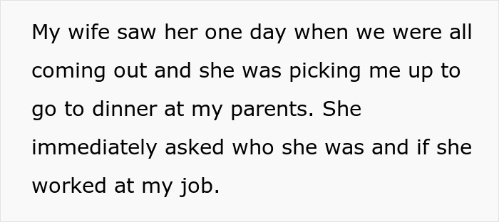 Jealous wife spying husband at work, suspiciously watching him interact with a female coworker outside the office.
