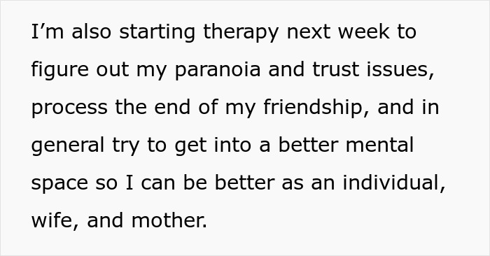 Text on a white background discussing starting therapy to address paranoia, trust issues, and the end of a friendship.