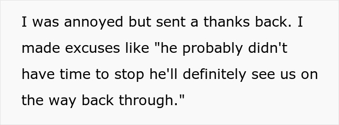 Text excerpt showing a woman explaining she was annoyed but made excuses instead of sharing important news with dad.