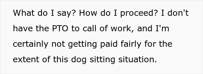 Text expressing frustration about insisting a friend board a dog without PTO or fair pay for dog sitting.