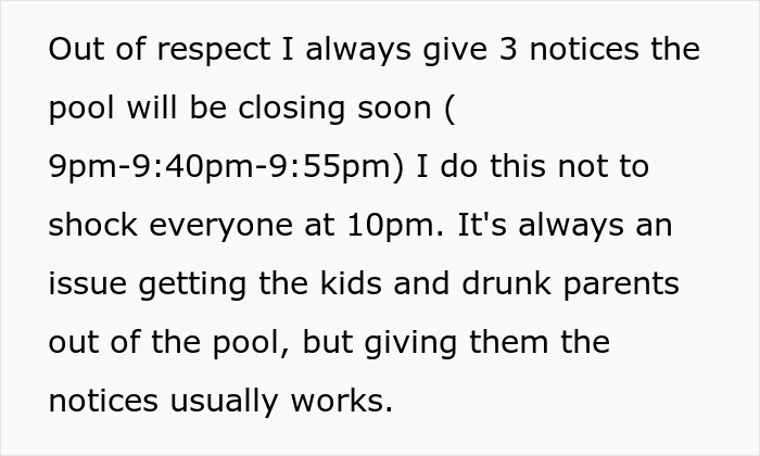 Text explaining hotel pool closing notices and issues with kids and parents ignoring rules before closing time. - 4