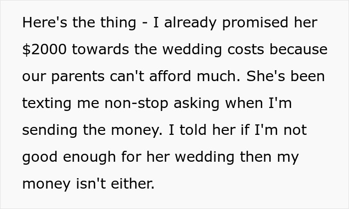Text about promising $2000 for wedding costs, mentioning groom refusing to lend money after bride bans him from event. - 5