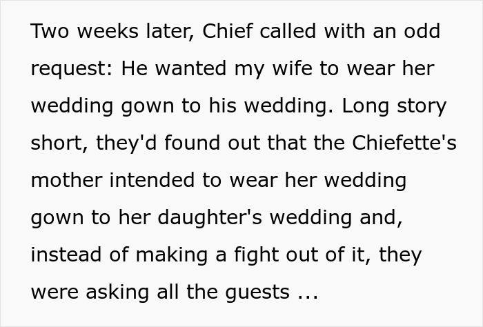 Text describing a bride outsmarting her attention-seeking mom who wore a white dress by choosing a red gown.