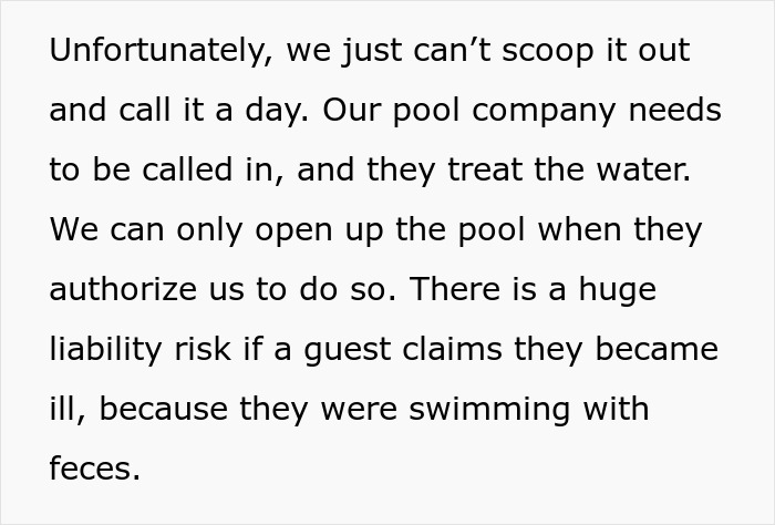 Pool company treating hotel pool water after a kid’s poop incident to prevent health risks and liability claims. - 6