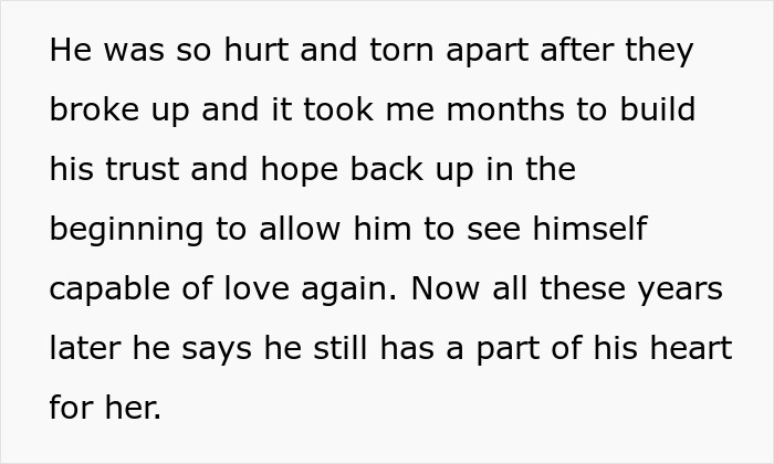 Text excerpt showing a husband's emotional reunion with his ex and his lingering feelings raising red flags for his wife.