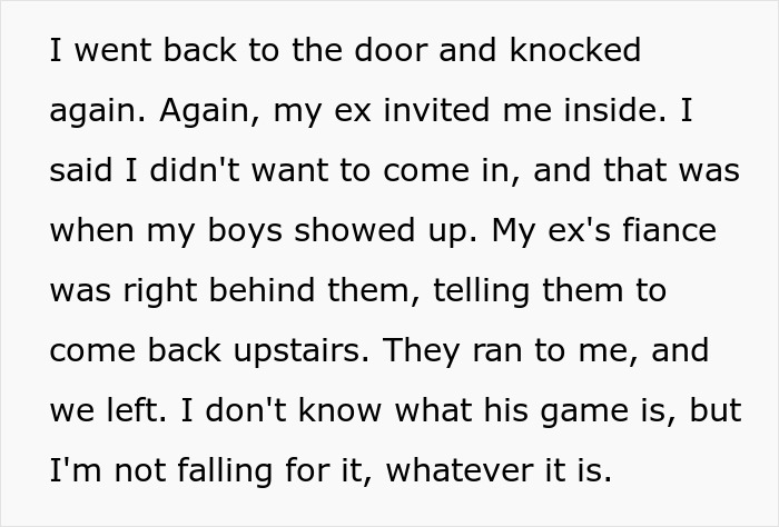 Text excerpt describing a lady suspecting her ex's stepkid might want to snoop and refusing to let him use her bathroom.
