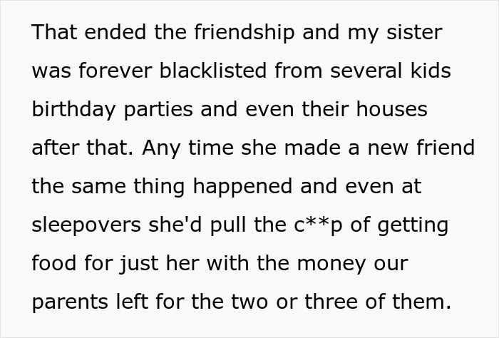 Text excerpt explaining how a sister was blacklisted from birthday parties and caused conflicts at sleepovers due to selfish behavior.