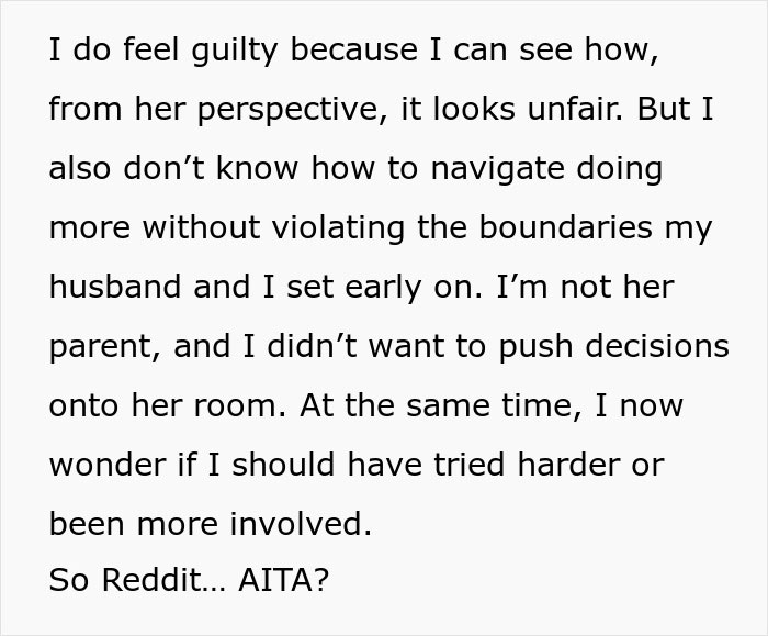 Text excerpt showing a mom expressing guilt about putting more effort into her son’s room than her step-daughter’s. - 11