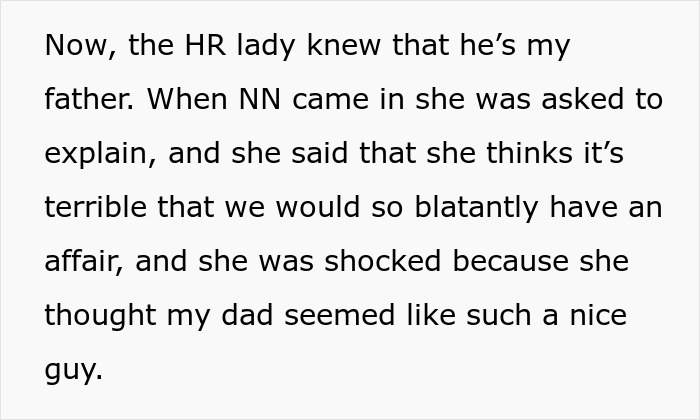 Text excerpt from a story about a nurse accused of having an affair with her father and workplace conflict. Text excerpt from a story about a nurse accused of having an affair with her father and workplace conflict.