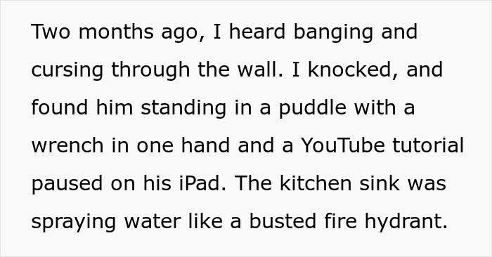 Neighbor fixing kitchen sink with wrench and tutorial on iPad after hearing banging and cursing through the wall. Neighbor fixing kitchen sink with wrench and tutorial on iPad after hearing banging and cursing through the wall.