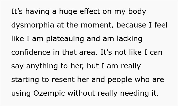Text on a white background describing the emotional impact on body dysmorphia and resentment toward loved ones using Ozempic.