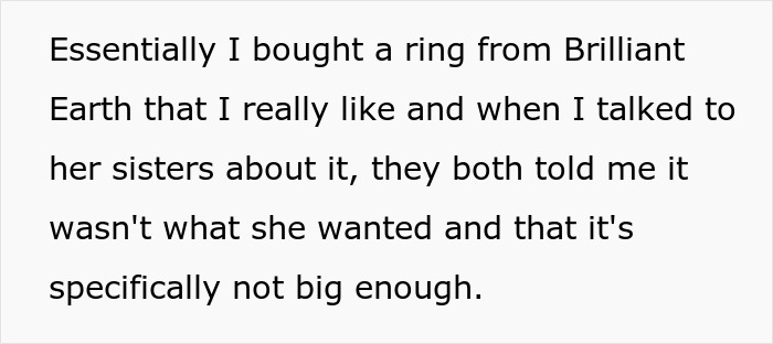 Text message about buying a small proposal ring, with sisters saying the ring for girlfriend isn't big enough. Text message about buying a small proposal ring, with sisters saying the ring for girlfriend isn't big enough.